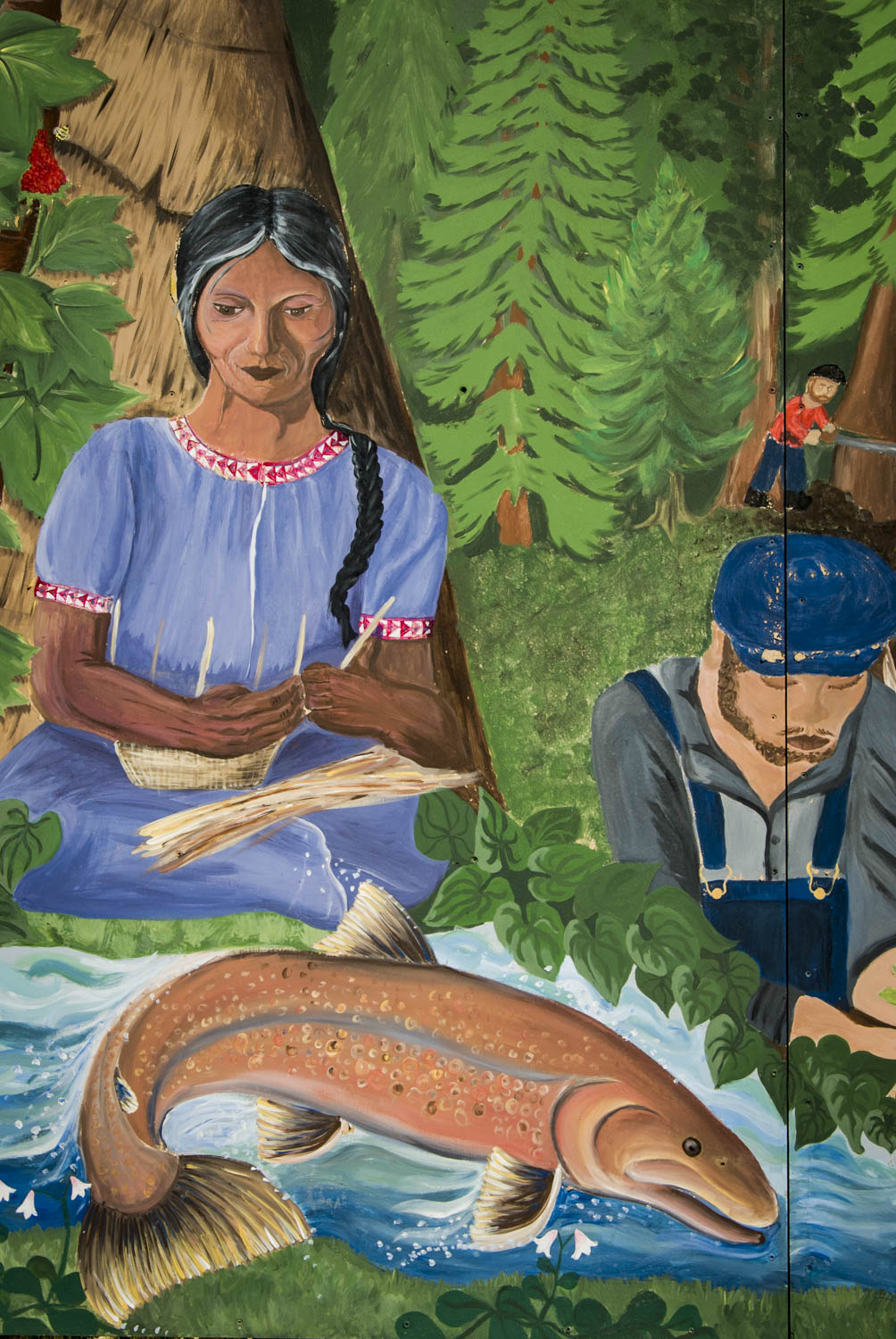 Canada:  British Columbia, Winlaw, Slocan River Valley, mural of human usage of British Columbia, salmon in stream