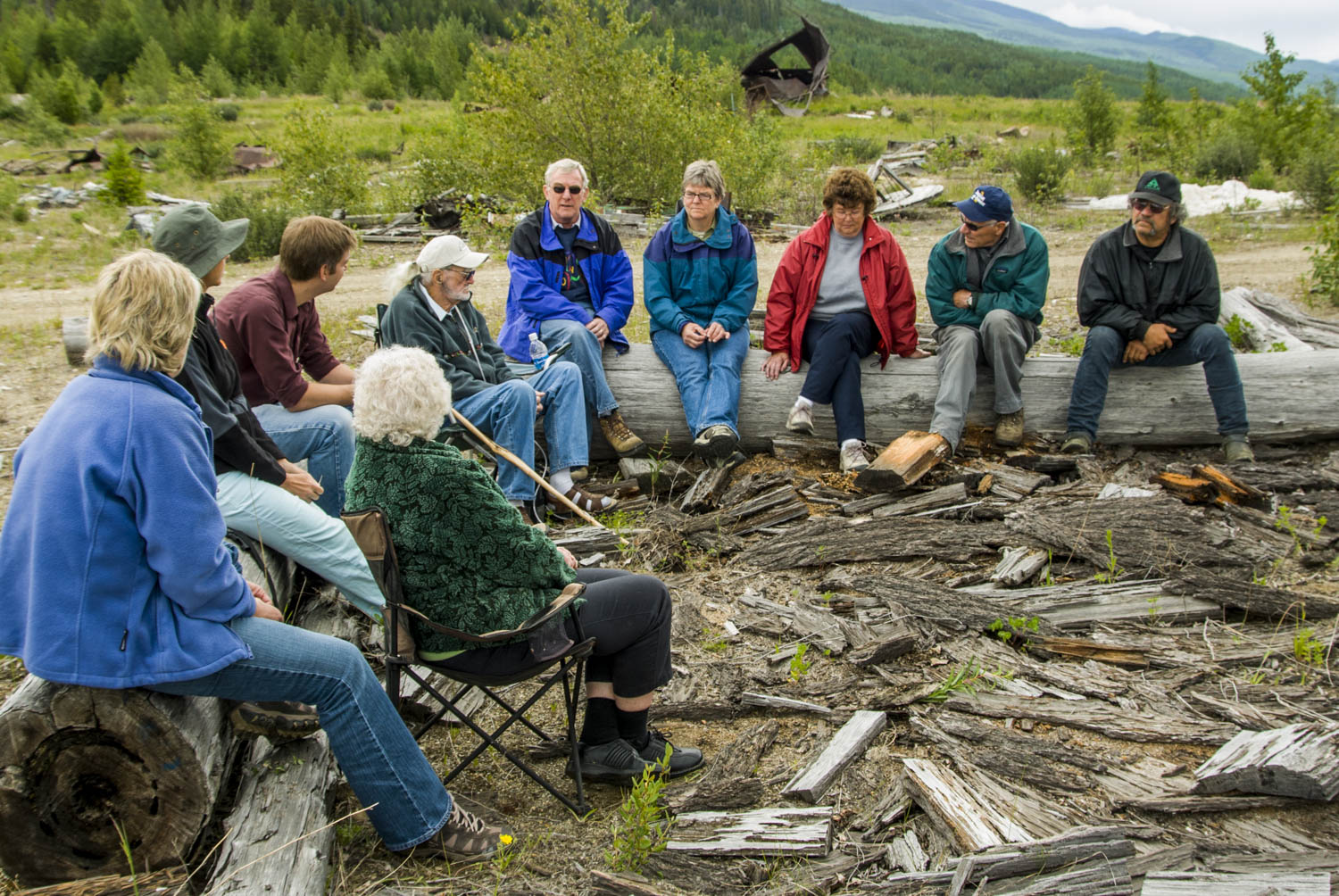 Canada:  British Columbia, Valemount, Kinbasket Lake Reservoir, circle of elders and concerned citizens discussing Kinbasket Lake Reservoir and dam issues