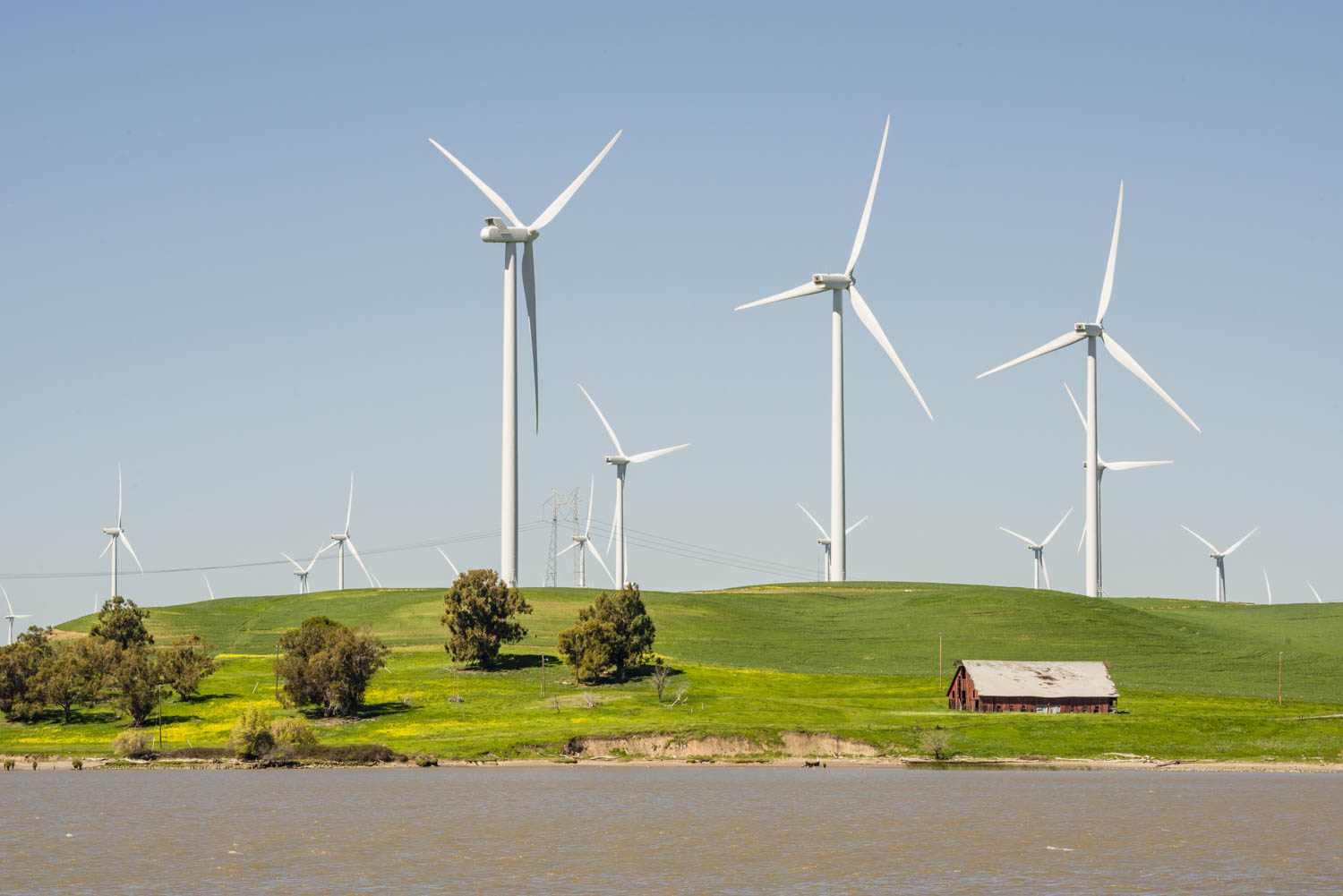 USA: California, Sherman Island, on north shore of Sacramento Delta, turbines of the Shilo Wind Power Plant in the Montezuma Hills