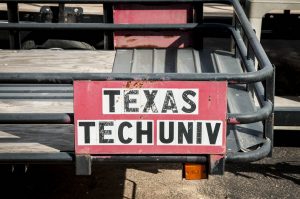 USA: Texas, Red River Basin Expedition, Lubbock,  USDA (Dept of Agriculture) Plant Lab (researching cotton, rice, turf grass & irrigation), truck outside with Texas Tech Univ sign (working with USDA)