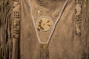 USA: Idaho,  Columbia River Basin, Snake River Basin, Lewiston, Nez Perce National Historic Park Visitor”s Center, buckskin shirt with embroidery