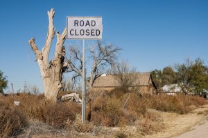 USA: Texas, Red River and Canadian River Basins Expedition, Canadian River Basin, Texas Panhandle, Dalhart, Road Closed sign