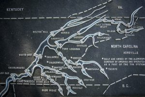 USA: Tennessee, Appalachia, Kingsport, Kingsport, Fort Patrick Henry Dam (of the South Fork of the Holston River -  (a tributary of the Tennessee River), signage mapping dams on Tennessee River Tribtaries (Holston and Watauga and Clinch Rivers)