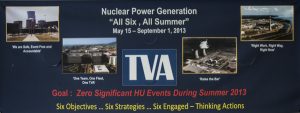 USA: Tennessee, Appalachia, Tennessee River Basin, SEJ Energy Tour, Sequoyah Nuclear Plant, owned by Tennessee Valley Authority (TVA), sign for summer goals, PR