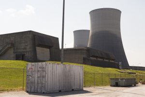 USA: Tennessee, Appalachia, Tennessee River Basin, SEJ Energy Tour, Sequoyah Nuclear Plant, owned by Tennessee Valley Authority (TVA), buildings for turbine, diesel generator and tall cooling towers behind, PR