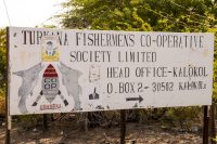 Africa:  Kenya; North Rift District, Turkana Land, Kalokol, Turkana Fishermen's Co-operative Society sign