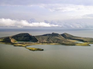 East Africa, Kenya, Northern Frontier District, Lake Turkana, aerial view of Central Island NP (World Heritage Site), and Crocodile (aka Mamba) Lake on L and Samaki (aka Tilapia) Lake on R