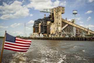 USA: New Jersey, Lower Raritan River as seen from NY/NJ Baykeeper boat, (on tour from New Brunswick to Sayreville), former JCP&L coal-fired power plant (closed in 1970), now a conversion plant under Reliant with 4 power combustion engines
