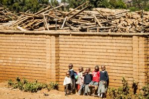 East Africa, Kenya: Mara River Basin Expedition to the Mau Forest:, Elburgon, children on the road in front of the gated piles of timber in the yard of Timsales Lumber Company