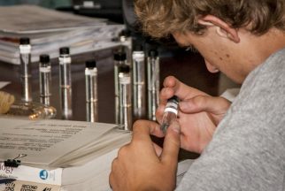 USA:  New Jersey, Peapack, Upper Raritan Watershed Association, stream water monitoring training, at headquarters, volunteer studying vials of specimens