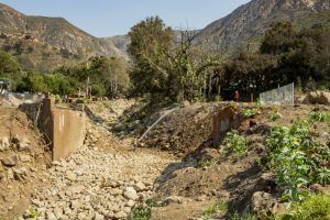 USA California, NWNL 2018 CA Drought Expedition, Santa Barbara, Montecito, access point for San Ysidro Trail (post Jan 9, 2018 mudslide) accessed from eastern side of E. Mountain Drive, construction to replace bridge destroyed by mudslide,